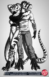 1boy 1girls anthro black_and_white dinosaur dinosaur_boy dinosaur_girl predaguy scalie shorts sports_shorts tail