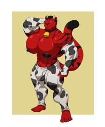 1boy big_bulge big_chest big_pecs bulge cowbell cowprint_legwear furry huge_chest huge_pecs kartos lactating lactation leaking_milk male male_lactation male_only solo solo_male tiger