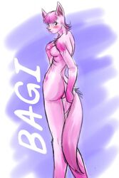 1girls 2008 anthro ass bagi bagi_the_monster_of_mighty_nature blush breasts cat feline female fur furry kemono kemonolove large_breasts looking_at_viewer mammal pínk_hair pink_fur short_hair solo standing tagme tail