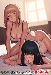 2girls ahe_gao ai_generated bottom_view breasts breasts_out chainsaw_man cum_inside doggy_style doggystyle ejaculating_cum ejaculation_while_penetrated eyes_rolled fami_(chainsaw_man) full_body futa_on_female futa_with_female futanari implied_futanari konoai mitaka_asa mosaic_censoring mouth_open multiple_girls prone_bone yoru_(chainsaw_man)