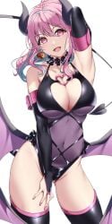 1girls alternate_costume armpits black_gloves blue_highlights breasts cleavage earrings gloves hozuki_kaede large_breasts leotard looking_at_viewer low_wings multicolored_hair onii-chan_wa_oshimai! open_mouth pink_eyes pink_hair purple_leotard revealing_clothes smile solo solo_female solo_focus succubus succubus_horns succubus_tail succubus_wings tail yamaorimon