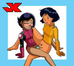 2girls alex_(totally_spies) artist_logo bottomless crossover dark-skinned_female dark_skin dildo dildo_in_pussy female female_only human jk megan_(the_amazing_spiez) multiple_females multiple_girls tf1 the_amazing_spiez! totally_spies vagina vaginal_penetration yuri