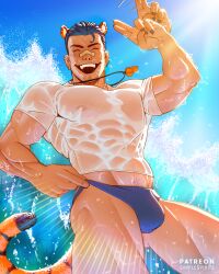 1boy bara bulge clothing male male_nipples male_only muscular_male nipples simplespirits thong underwear wet