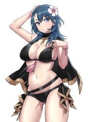 1girls alternate_costume arm_up ass_visible_through_thighs bikini black_bikini black_cape black_swimsuit blue_eyes blue_hair breasts byleth_(female)_(fire_emblem) byleth_(female)_(summer)_(fire_emblem) byleth_(fire_emblem) byleth_(fire_emblem)_(female) cape cleavage commentary_request cowboy_shot female female_only fire_emblem fire_emblem:_three_houses fire_emblem_heroes flower hair_flower hair_ornament hand_up large_breasts long_hair navel nintendo official_alternate_costume partial_commentary shinae solo standing stomach swimsuit thighs