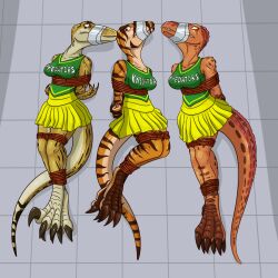 3girls anthro anthrosaurs bondage bound bound_arms bound_legs cheerleader cheerleader_uniform dinosaur dinosaur_girl multiple_girls scalie taped_mouth whistle_on_da