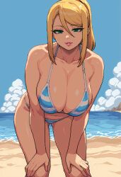 ai_generated ass_visible_through_thighs augwyn bangs bare_shoulders beach bent_over bikini bimbo blonde_hair blue_bikini blue_eyes blue_sky breasts cleavage cloud collarbone day female green_eyes hair_between_eyes hands_on_own_knees high_ponytail large_breasts leaning_forward lips long_hair looking_at_viewer metroid nintendo ocean outdoors parted_lips pinup pixel_art ponytail samus_aran sand sidelocks sky smile solo standing striped striped_bikini swimsuit thighs water