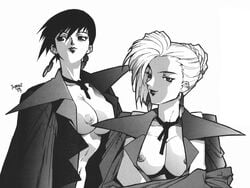 1990s 1996 20th_century breasts dated female female_only front_view human isutoshi king_of_fighters mature_(kof) monochrome open_clothing signature tagme vice_(kof)