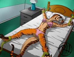 1girls anthro anthrosaurs bondage bound bound_ankles bound_wrists bra dinosaur dinosaur_girl panties pink_bra pink_panties predaguy scalie taped_mouth tied_to_bed underwear