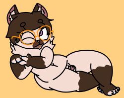 1boy chubby_male commission commissioner_upload furry glasses lying_on_side male male_only naked newton_(katemonsterfucker) original pawpads redsheep solo winking_at_viewer