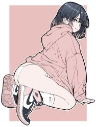 1girls ass embarrassed female hoodie nude panties shika_snkrs sneakers tagme