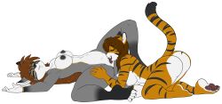 2019 absurd_res anthro anus bengal_tiger breasts brown_hair canid canine canis cunnilingus curling_toes digital_drawing_(artwork) digital_media_(artwork) elana_keero feet felid female female/female fur genitals grey_body grey_fur hair hi_res jacklyn_craigo licking lying mammal nipples nude on_back oral orange_body orange_fur pantherine pawpads pussy sex skidd spread_legs spreading stripes tail tiger tongue vaginal_penetration wolf