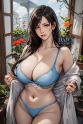 ai_generated bangs black_hair bra breasts brown_eyes calvin_klein dawnbubblesai earrings female female_only final_fantasy final_fantasy_vii final_fantasy_vii_remake huge_breasts large_breasts latina latina_female long_hair looking_at_viewer mature_female mature_woman non_nude open_clothes open_clothing open_jacket open_robe panties smile solo tifa_lockhart underwear voluptuous voluptuous_female