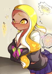 1girls blush bonfutsukame bow breasts cardigan cleavage dark-skinned_female fertilization impregnation inkling inkling_girl japanese_text nintendo ovum ovum_with_heart school_uniform skirt solo solo_female solo_focus sperm_cell sperm_meets_ovum splatoon splatoon_(series) tentacle tentacle_hair yellow_eyes yellow_hair