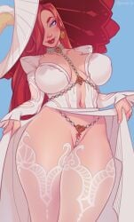 1girls 2d 2d_(artwork) afk_arena afk_journey belly_button blush breasts earrings exposed_pussy exposing_self female female_focus female_only fizzz gem hi_res high_resolution highres huge_breasts large_breasts lifting_dress lips long_hair looking_at_viewer mirael navel necklace ornate_clothing pearls red_hair simple_background smiling solo solo_female solo_focus thick_thighs thighs white_dress wide_brim_hat wide_hips
