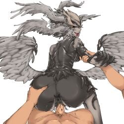 1boy 1girls anthro anus arm_pull ass_grab athletic_female avian big_ass black_sclera doggy_style female female_focus final_fantasy_xvi garuda harpy head_wings human human_penetrating light-skinned_male looking_at_viewer looking_back monster_girl pussy_juice rikodamu sex tongue_out vaginal_penetration wings