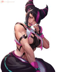 aqua_eyes baggy_pants black_hair bracelet breasts candy capcom chest_harness collar crazy_eyes crazy_straw crop_top diagonal_bangs drinking_straw female fingerless_gloves fingernails food gloves green_nails hair_horns hand_up harness heterochromia holding holding_candy holding_food holding_lollipop jewelry juri_han kasai_x3 large_breasts lejeanx3 licking lips lollipop looking_at_viewer multicolored_hair nail_polish open_mouth pants patreon_logo pink_eyes pink_hair simple_background sitting smile solo spiked_bracelet spiked_collar spikes street_fighter street_fighter_6 toned tongue tongue_out two-tone_hair web_address white_background