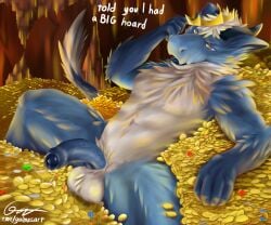 2024 abs absurd_res anthro arm_tuft aroused ball_tuft balls big_balls big_penis blue_body blue_eyes blue_fur bodily_fluids cave coin crown dialogue diamond_(gem) digital_media_(artwork) digital_painting_(artwork) dragon english_text fingers fluffy fur furred_dragon galma gem genital_fluids genitals glistening glistening_genitalia glistening_penis gold_(metal) gold_coin gold_jewelry half-erect headgear hi_res hoard horn huge_cock humanoid_genitalia humanoid_penis jewelry lying male muscular muscular_male mythological_creature mythological_scalie mythology nude on_back open_mouth painting_(artwork) penis precum ruby_(gem) scalie shaded shoulder_tuft signature sitting solo tail text tongue tongue_out traditional_media_(artwork) treasure tuft url vein veiny_penis white_body white_fur