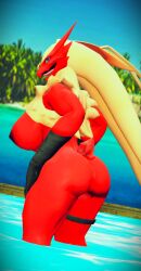 anthro ass beach blaziken blue_eyes breasts female female_blaziken generation_3_pokemon hybrid looking_at_viewer nintendo nude pokemon pokemon_(species) solo zengar zengar77