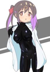 1girls :o black_bodysuit bodysuit brown_eyes brown_hair cameltoe colored_inner_hair female female_focus female_only hairclip labcoat large_breasts latex latex_bodysuit long_hair looking_at_viewer namari_siro navel_outline onii-chan_wa_oshimai! open_coat oyama_mihari pink_hair pink_highlights pointing ponytail pussy_outline red_bow red_ribbon shiny_clothes skin_tight solo solo_female solo_focus