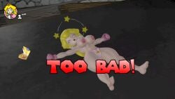 1girls 3d 3d_(artwork) after_fight barefoot big_breasts big_thighs bikini_bottom bikini_bottom_only blonde_hair boxing boxing_gloves boxing_ring breasts closed_eyes crown curvy defeated earrings female female_only fighting_ring game_over gameplay_mechanics gloves hud knocked_out light-skinned_female light_skin lips lipstick long_hair lying_down mario_(series) mostly_nude nintendo nipples open_mouth outdoors pink_boxing_gloves pink_gloves pink_lipstick princess_peach rngsucks solo solo_female solo_focus stars_around_head super_mario_bros. text thick thick_hips thick_thighs thighs tied_hair topless topless_female wide_hips