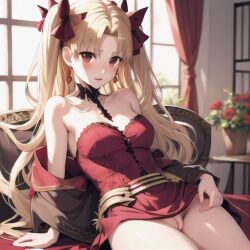 ai_generated bare_shoulders blonde_hair blush dress dress_lift ereshkigal_(fate) female female_only medium_breasts pussy