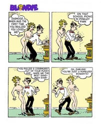 blondie_(comic) blondie_bumstead casual clothed_male clothing comic_strip dagwood_bumstead edit female human male mostly_nude nude_female nudist pale_skin pipe smoking tagme