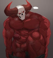 1boy erection horns humanoid male male_only muscular muscular_male nalnahi1 pecs penis red_body red_skin solo solo_focus sweat sweating undressing