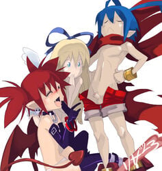 1boy 2girls blonde_hair blue_eyes blush clothing disgaea etna flonne hand_on_hip laharl laughing pants_down presenting_penis red_eyes red_hair riza23 small_penis standing threesome