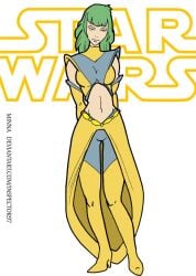 big_breasts boots green_hair high_heel_boots minna_star_wars smiling star_wars text thigh_boots yellow_boots