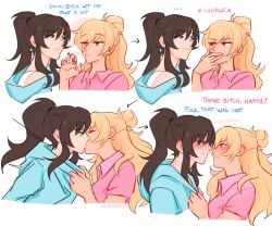 amber_eyes aurawra21 black_hair blonde_hair blue_eyes cigarette class_of_'09 jecka_(class_of_'09) jeckole kissing nicole_(class_of_'09) smoking yuri