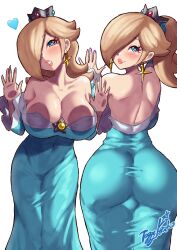1girls aroused back_view backless_outfit big_ass big_breasts blonde_hair_female blue_eyes breasts_on_glass cleavage crown dress hand_on_glass heart_eyes hips horny_female in_love large_ass light-skinned_female lipstick looking_at_viewer looking_back mario_(series) nail_polish nintendo one_eye_covered pink_nails princess princess_rosalina seductive_pose smile smiling_at_viewer solo_female solo_focus spoken_heart super_mario_galaxy thick_ass tight_clothing yamino_ekakinin