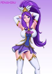 1female 1girl 1girls 1woman blue_eyes female female_focus female_only girl girl_only janna_windforce league_of_legends one_eye_closed only_female penshiru pointy_ears pose posing posing_for_the_viewer purple_hair solo solo_female solo_focus thighhighs wink winking_at_viewer woman