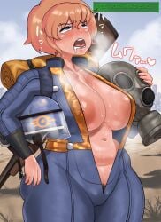 1girls big_areola big_breasts blonde_hair blush breasts clothing computer electronics exposed_breasts fallout female firearm gas_mask gun handgun helmet holding_weapon human japanese_text jumpsuit minami_aomori monster open_clothes pale_skin pubic_hair short_hair sweat sweating text translation_request vault_dweller vault_girl vault_suit wasteland weapon