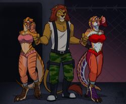 anthro anthrosaurs arms_behind_back belly_dancer belly_dancer_outfit bondage bound dinosaur dinosaur_girl drawn eyepatch furry lion_boy original original_character scalie shackles sharpfury skdaffle taped_mouth