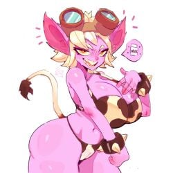 1girls cow_ears cow_horns cow_print cow_tail huhujujuy large_breasts league_of_legends looking_at_viewer purple_body purple_skin riot_games solo tail tristana white_hair yordle