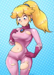 1girls big_breasts blonde_hair blue_eyes bodysuit breasts busty clothed clothing female female_only large_breasts legs mario_(series) mario_kart navel nintendo ponytail princess_peach solo thighs torn_clothes triplestabber voluptuous