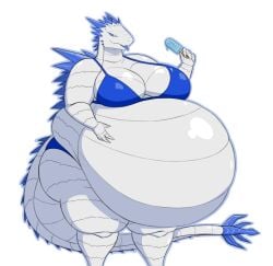 anthro anthro_only anthrofied anthropomorphic bbw bikini blep blue_bikini blue_eyes blue_sclera blue_spines fat_belly fat_breasts fat_fetish fat_thighs female fetish four_fingers godzilla_x_kong:_the_new_empire holding_belly holding_popsicle huge_belly huge_thighs kaiju kaiju_girl mizz-britt monster_girl monsterverse popsicle scalie shimo_(kaiju) stuffed_belly tail tail_spikes white_scales