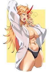 abs absurdres alternate_costume arm_up black_panties blonde_hair blush breasts collarbone commentary_request cowboy_shot cropped_legs female fugaku_(miko_no_miyatsuguchi) highres horns hoshiguma_yuugi large_breasts long_hair long_sleeves looking_afar medium_bangs muscular muscular_female navel no_bra oerba_yun_fang open_clothes open_mouth open_shirt panties red_eyes red_horns shirt single_horn solo touhou underwear very_long_hair white_shirt yawning