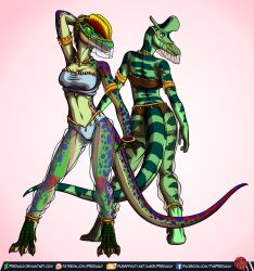 2girls anthro anthrosaurs belly_dancer belly_dancer_outfit dinosaur dinosaur_girl predaguy scalie