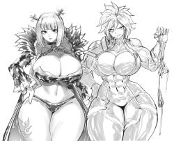 2girls armored_female black_and_white brandish_mew breasts_bigger_than_head chains cleavage covering_breasts detailed dimaria_yesta exposed_torso fairy_tail full_armor fur_coat giant_breasts giant_thighs holding_underwear hourglass_figure huge_breasts looking_at_viewer short_hair sketch tall_female tattoo tattoo_on_legs thegoldensmurf thick_thighs