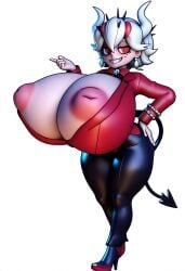 3d ai_generated beelzebub_(helltaker) big_ass breast_expansion button_down_shirt devil_horns devil_tail fair_skin giant_breasts helltaker huge_breasts hyper_breasts inverted_nipples large_breasts massive_breasts noir_hassassin novelai red_eyes white_hair white_skin wide_hips