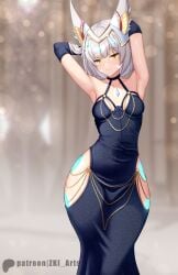 1girls armpits arms_up bare_shoulders black_dress black_gloves breasts cat_ears catgirl cleavage core_crystal curvy dress elbow_gloves facial_markings female female_only gloves highres hourglass_figure jewelry looking_at_viewer milf modakawa_dress monolith_soft nia nia_(xenoblade) nintendo short_hair silver_hair slim_waist small_breasts thick_thighs thighs voluptuous wide_hips xenoblade_(series) xenoblade_chronicles_2 yellow_eyes z-ki