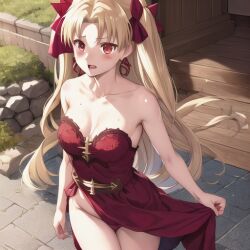 ai_generated blonde_hair blush cute dress dress_lift ereshkigal_(fate) medium_breasts red_eyes thick_thighs thighs