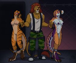 1boy 2girls anthro anthro_only anthrosaurs arms_behind_back bondage clothed_male_nude_female completely_nude completely_nude_female dinosaur dinosaur_girl drawn eyepatch furry lion_boy nude nude_female original original_character scalie shackles sharpfury skdaffle taped_mouth