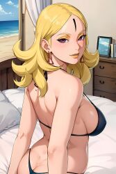 ai_generated back_view bare_shoulders beach_background bikini bikini_top black_bikini blonde_female blonde_hair blonde_hair_female boruto:_naruto_next_generations boruto:_two_blue_vortex delta_(boruto) earrings hotel_room lipstick looking_at_viewer looking_back looking_over_shoulder makeup naruto pink_eyes yellow_lips