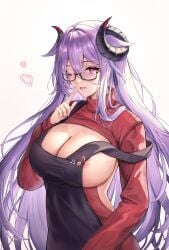 apron azur_lane friedrich_carl_(a_game_of_love)_(azur_lane) friedrich_carl_(azur_lane) glasses heart horn iron_blood_(azur_lane) mole mole_on_breast nipple_slip purple_eyes purple_hair tagme wink winking_at_viewer