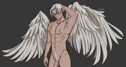 angel_boy angel_wings athletic_male bishonen hades_(game) male_only nude_male penis pubic_hair silver_hair sketch solo_male thanatos_(hades) tinacheesecat twunk undercut white_hair winged_boy winged_man wings