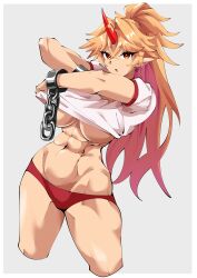 abs absurdres blonde_hair breasts buruma chains clothes_lift commentary_request cowboy_shot cuffs female fugaku_(miko_no_miyatsuguchi) gym_shirt gym_uniform highres horns hoshiguma_yuugi large_breasts lifted_by_self long_hair looking_at_viewer mature_female muscular muscular_female oni pointy_ears ponytail red_buruma red_eyes red_horns shackles shirt shirt_lift short_sleeves simple_background single_horn solo star_(symbol) touhou underboob