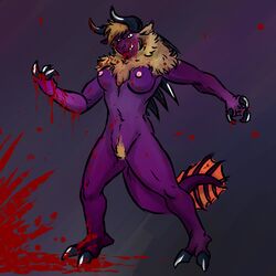 1:1 2_toes 3_fingers anthro behemoth blonde_hair blood blood_drip blood_splatter blood_stain bloody_arm bloody_face bloody_foot bloody_hair bloody_hand bloody_horn bloody_leg breasts claws color female female_only final_fantasy hair horns messy nipples nude open_eyes pink_nipples purple_skin red_blood rule_63 sharp_teeth solo spikes standing tail tail_fin