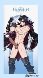 1boy 1male abs balls bara big_penis blue_ blue_eyes cum cumming cumshot ear_piercing earrings gay genshin_impact male male_focus male_only multicolored_hair muscular pecs pectorals peter4yon solo solo_focus solo_male wriothesley_(genshin_impact) yaoi